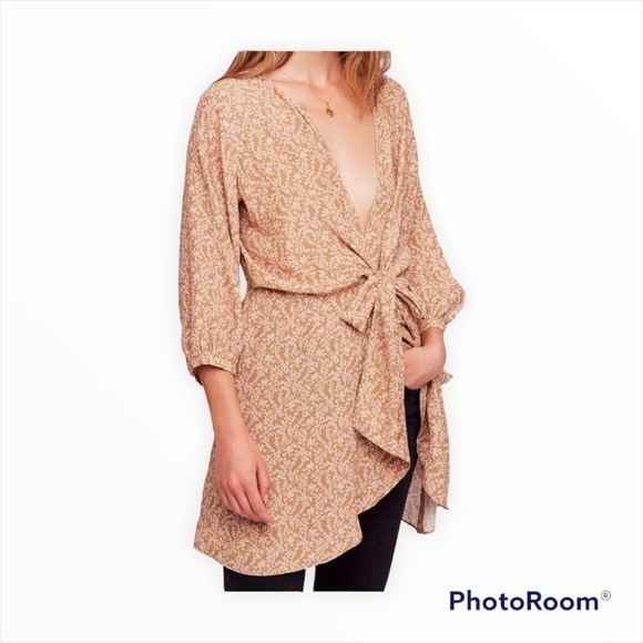 NWT FREE PEOPLE Brown Microfloral Wrap Mini Dress Size XS - Picture 3 of 10